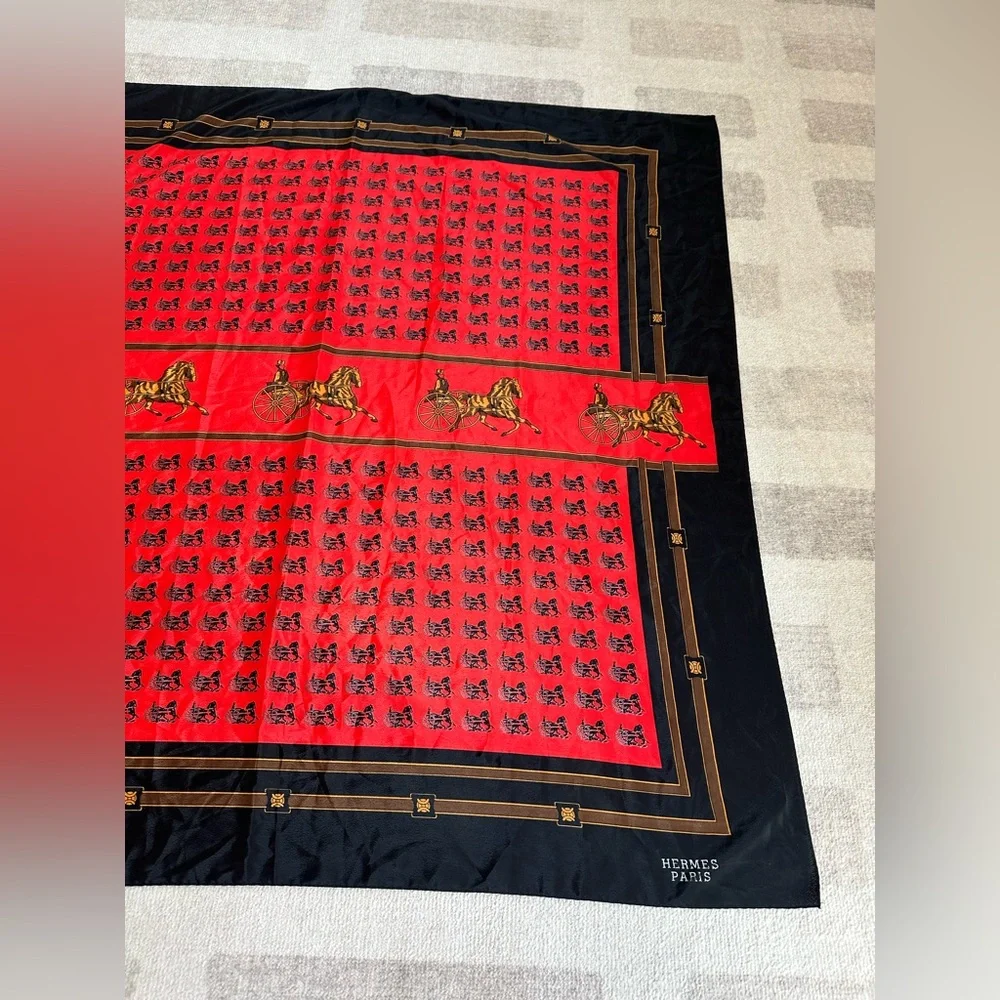 Vintage Hermes Paris Silk Horse and Carriage Scarf Red and Black